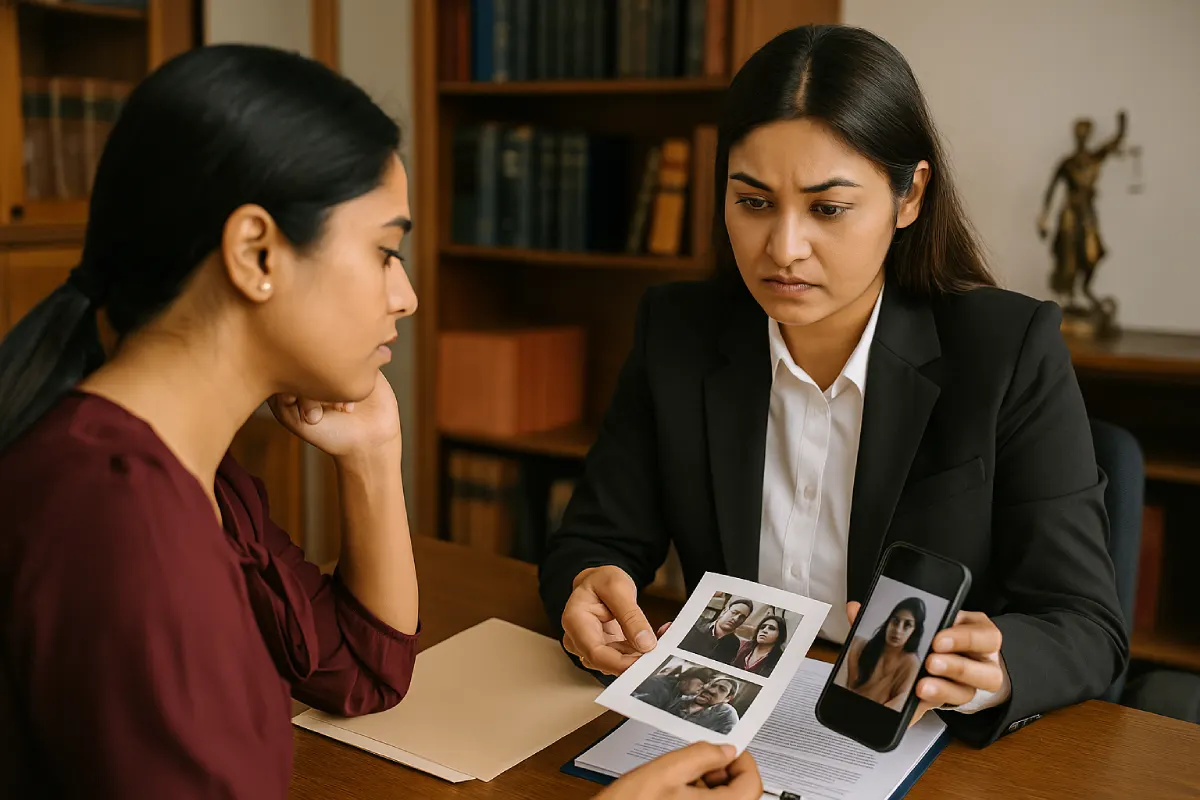 Divorce on Grounds of Adultery in India: A Complete Legal Overview Indian woman reviewing phone evidence with lawyer, proof of adultery in divorce case.