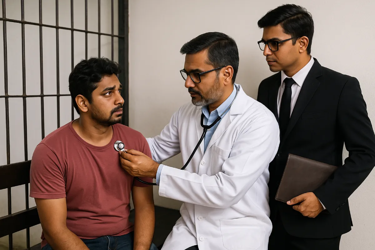 Indian detainee being examined by doctor and lawyer in custody room, highlighting human rights.