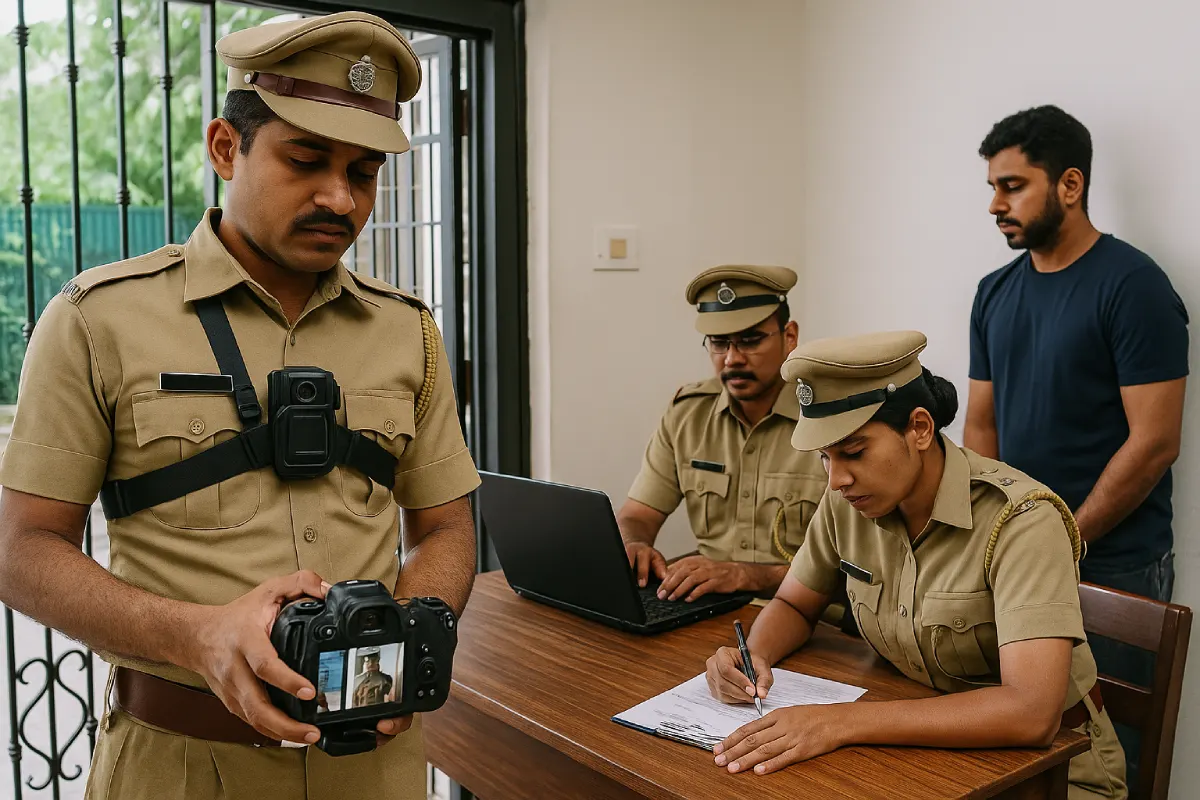 Indian police officers using body cameras and laptop to record arrest under BNSS transparency rules.
