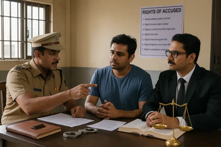 Indian police officer explaining legal rights to detained man with lawyer – rights of arrested person.