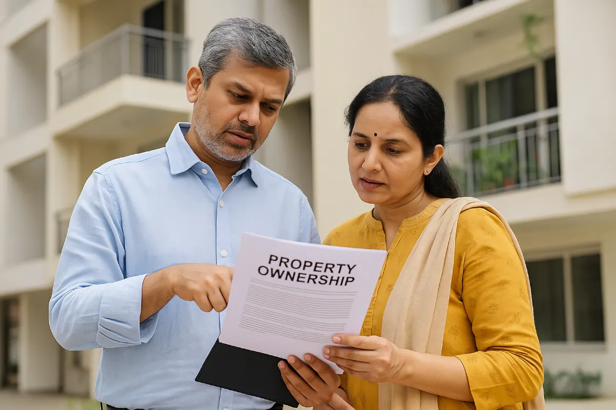 Transfer of Joint Property on Death in India: A Complete Legal Guide Indian co-owners reviewing joint property ownership papers outside residential building
