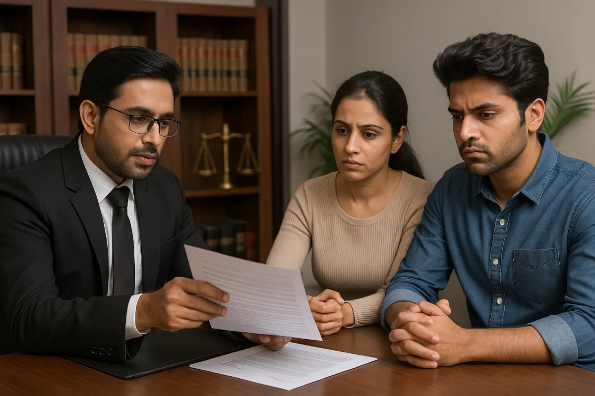 Divorce on Grounds of Adultery in India: A Complete Legal Overview Indian lawyer explaining legal documents to couple in office, adultery under Indian law.