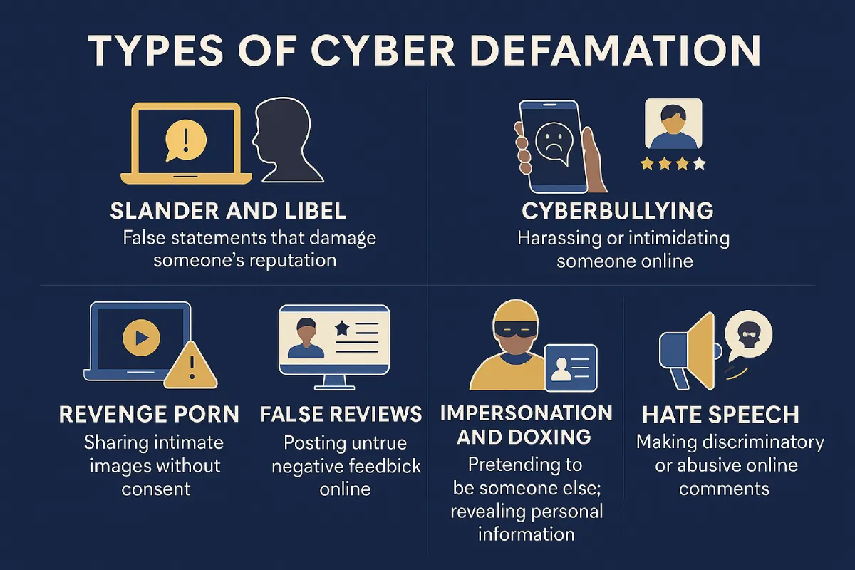 What Is Cyber Defamation? Meaning, Laws & Online Liability Infographic showing types of cyber defamation including slander, cyberbullying, revenge porn, false reviews, impersonation, and hate speech.