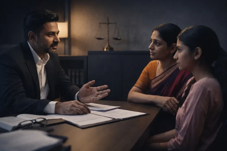 Child marriage law: Indian lawyer advising mother and teenage girl