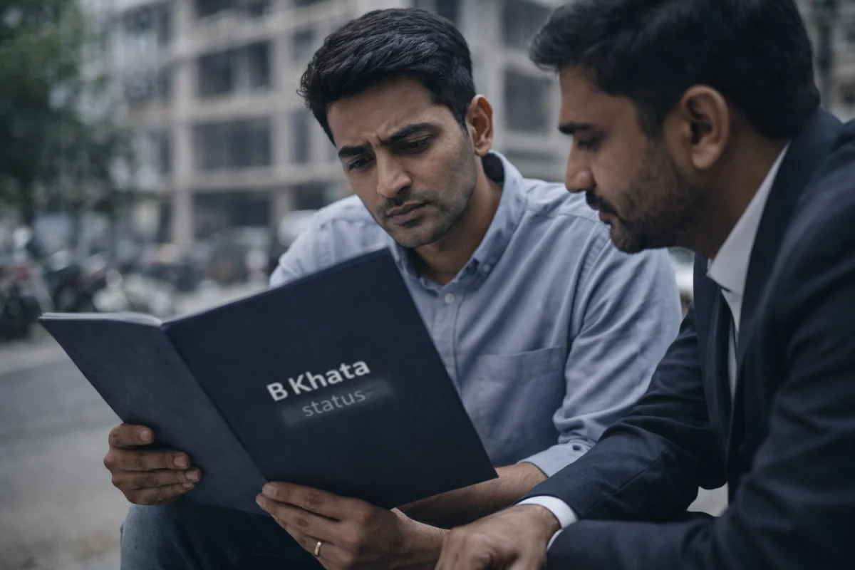 Difference Between A Khata and B Khata in Bangalore Concerned buyer checking B Khata property file with advisor in Bangalore