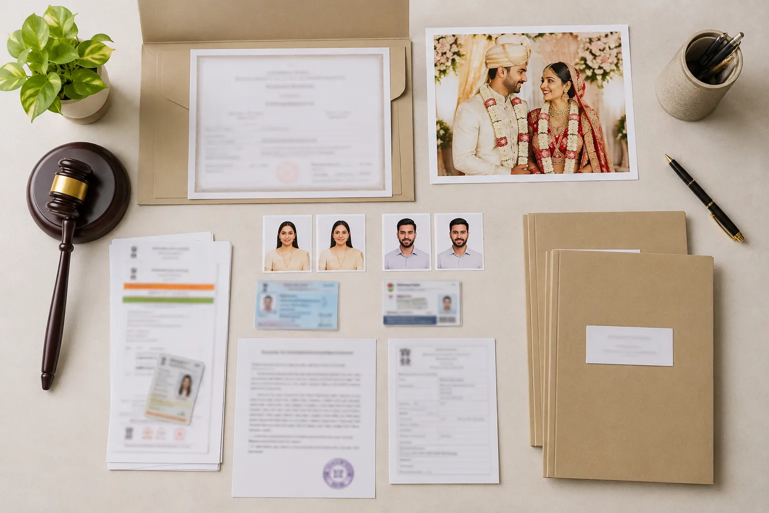 Essential Marriage Registration Process in India Documents required for marriage registration arranged on a desk