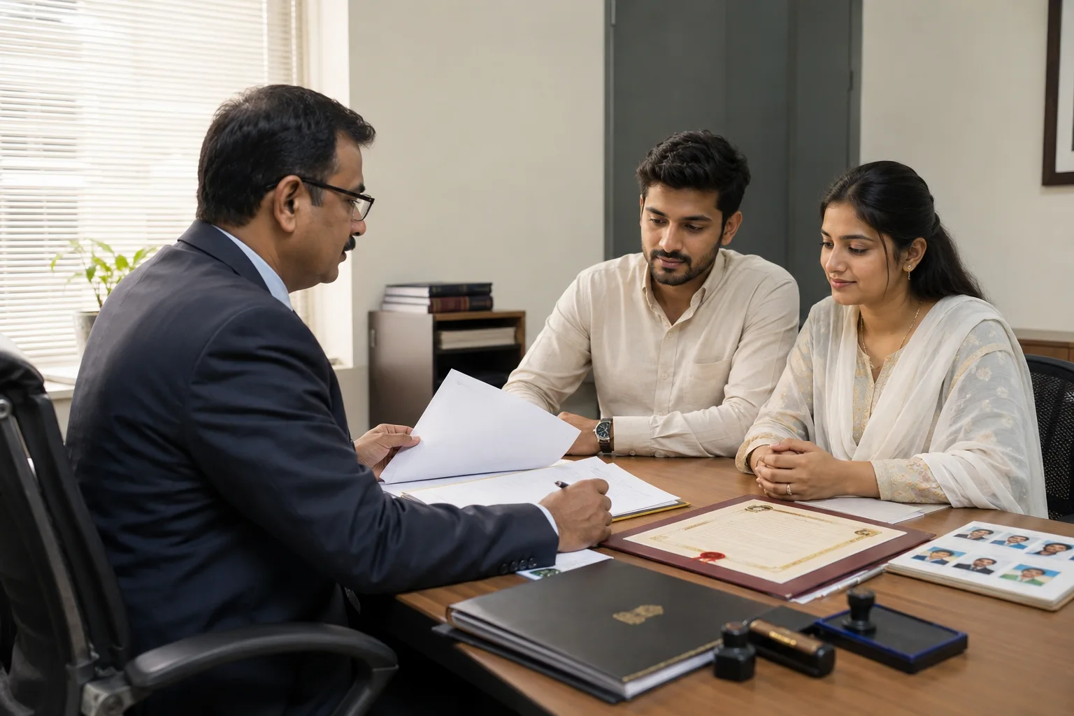 Essential Marriage Registration Process in India Registrar checking register marriage rules with Indian couple