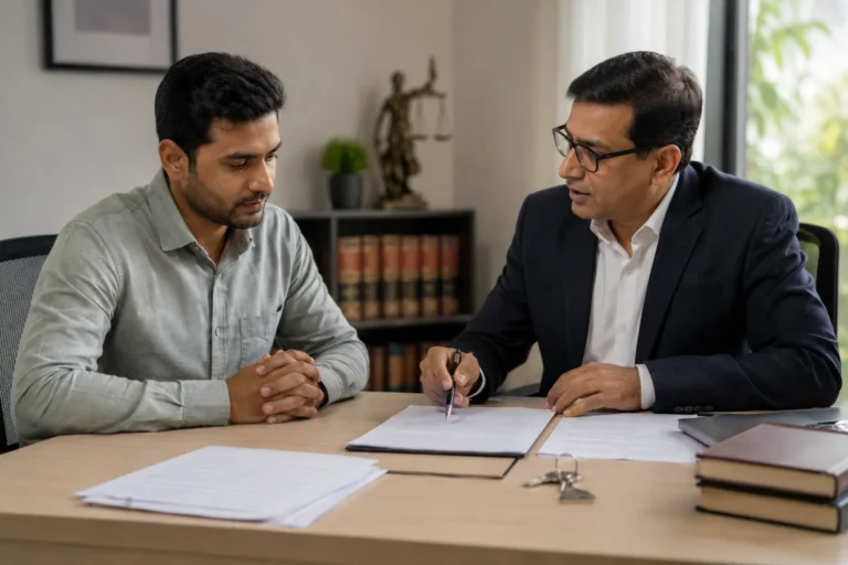 Create a realistic premium 3:2 image of an Indian tenant sitting at a clean table with a rental agreement, house keys, and legal documents placed neatly. Show a calm legal consultation setting with an Indian lawyer explaining documents to the tenant. Use soft natural light, neutral colors, minimal background, and subtle warm accents. No logos, no watermarks, no readable text on papers. Any document text must be blurred or represented as unreadable lines. Professional, trustworthy, clean legal-office feel.