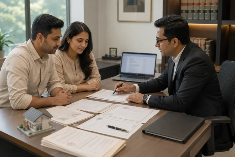 Indian buyers reviewing a property documents checklist with a lawyer